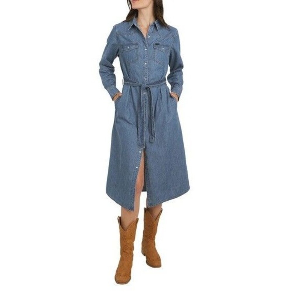 Wrangler Ladies Denim Long Belted Snap Front Shirt Dress Blue Medium NWT